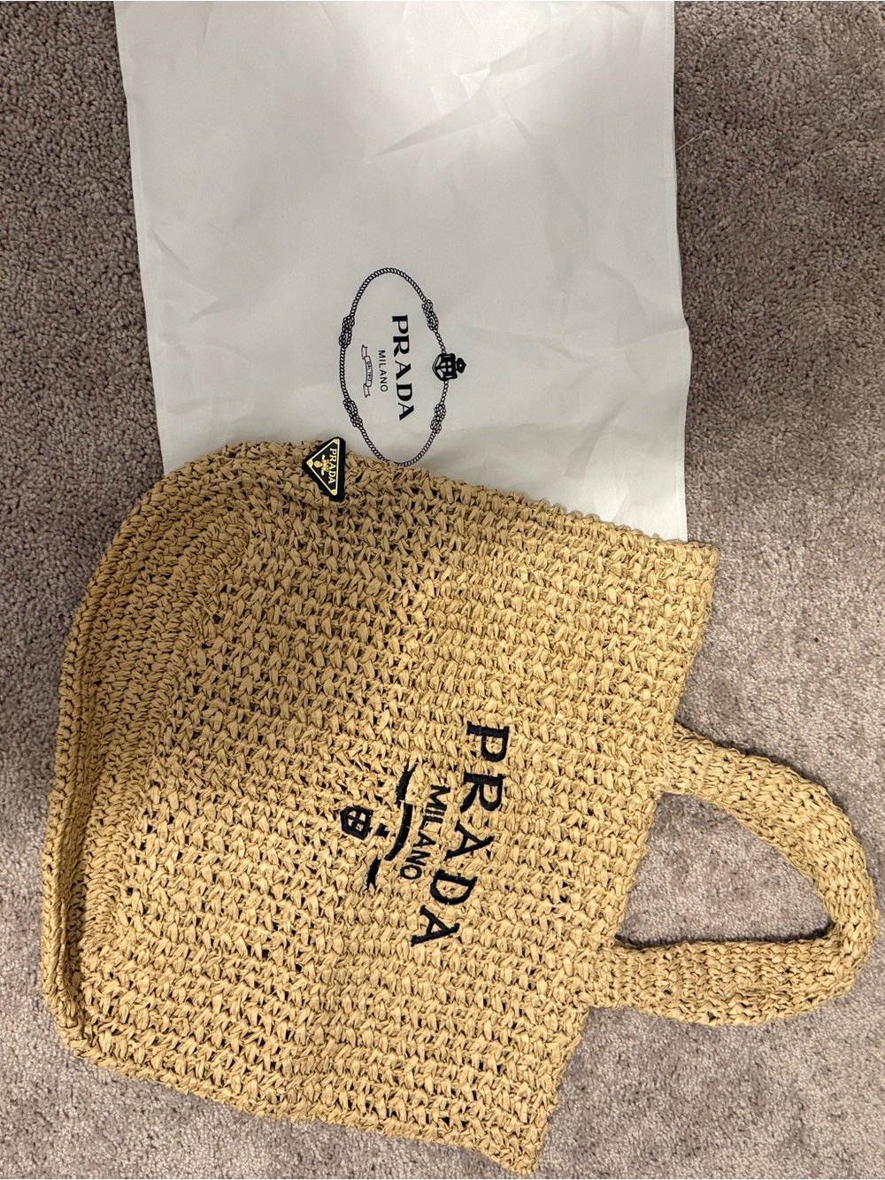 Prada Natural Tan Woven Straw Tote with Black Logo